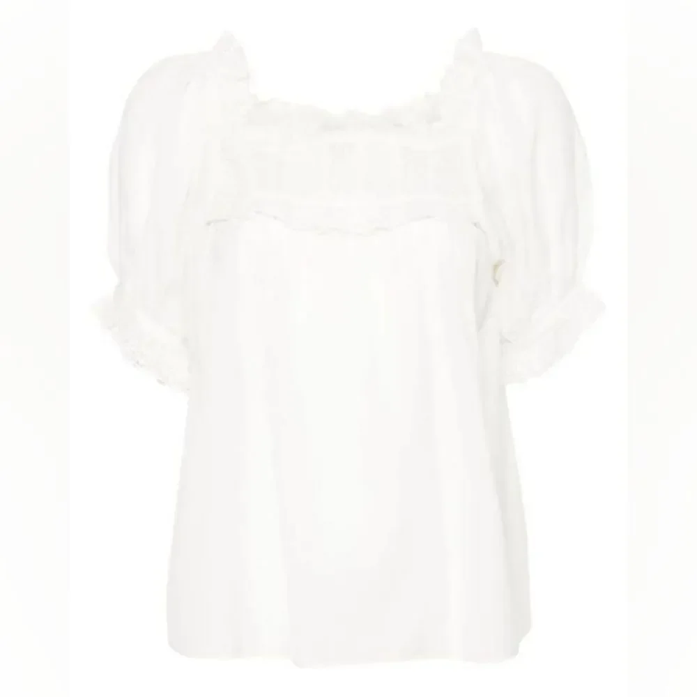 Doen Women's White Lace-Detailed Puff-Sleeve Blouse Large - Retail $503.00